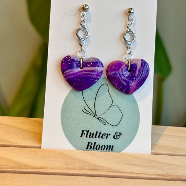 Heart dangling earrings -purple with gemstone 