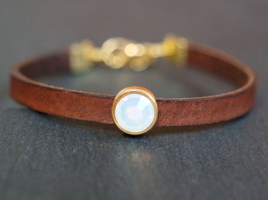 Leather bracelet - dark brown gold bronze opal-white crystal
