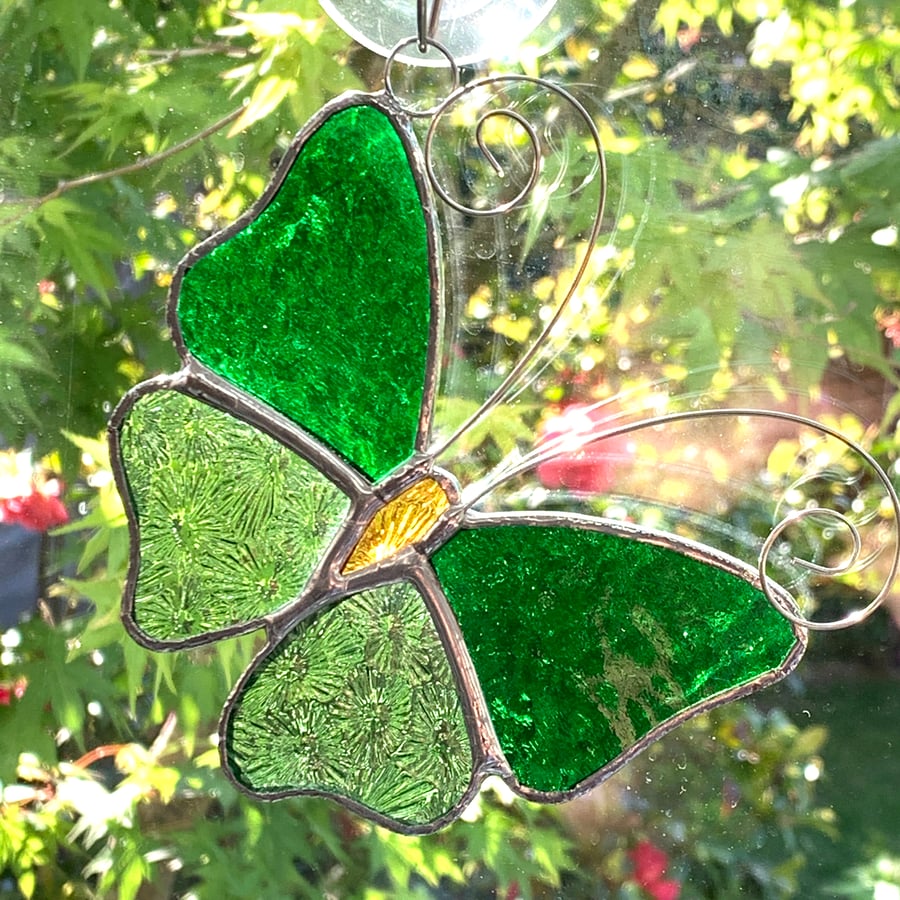 Stained Glass Butterfly Suncatcher - Handmade Decoration - Green