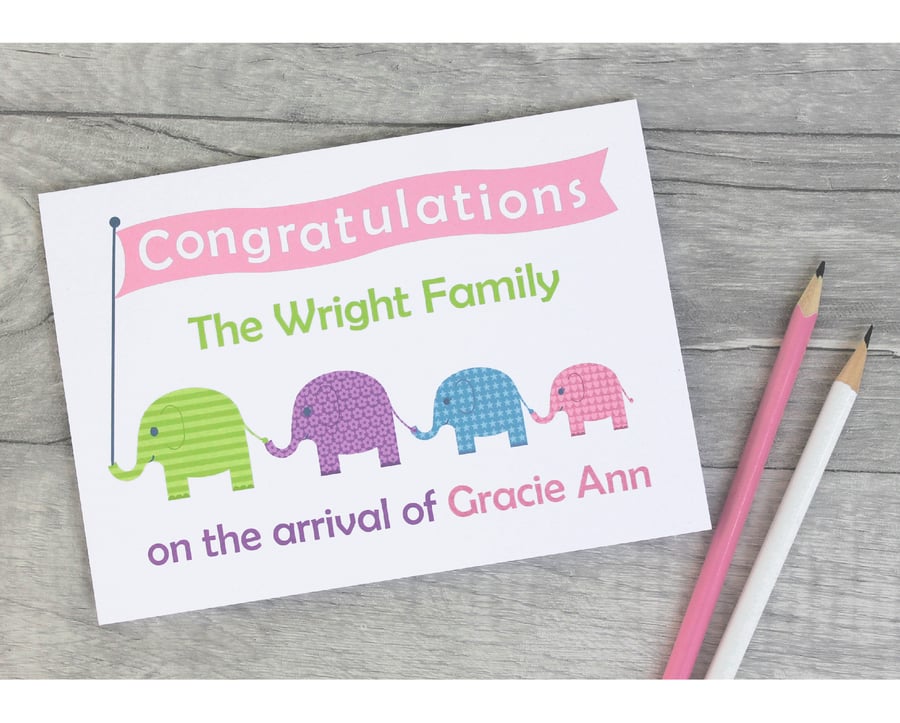 Personalised Elephant New Baby Card for Boy, Girl, Twins or Triplets