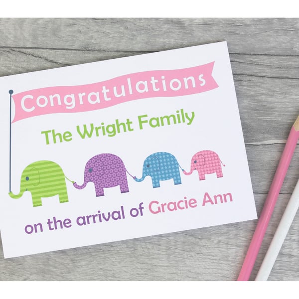 Personalised Elephant New Baby Card for Boy, Girl, Twins or Triplets