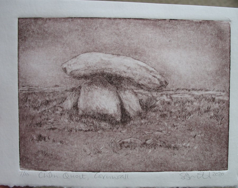 Drypoint print of Chun Quoit in Cornwall