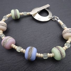 pastel beach lampwork glass beaded bracelet, sterling silver