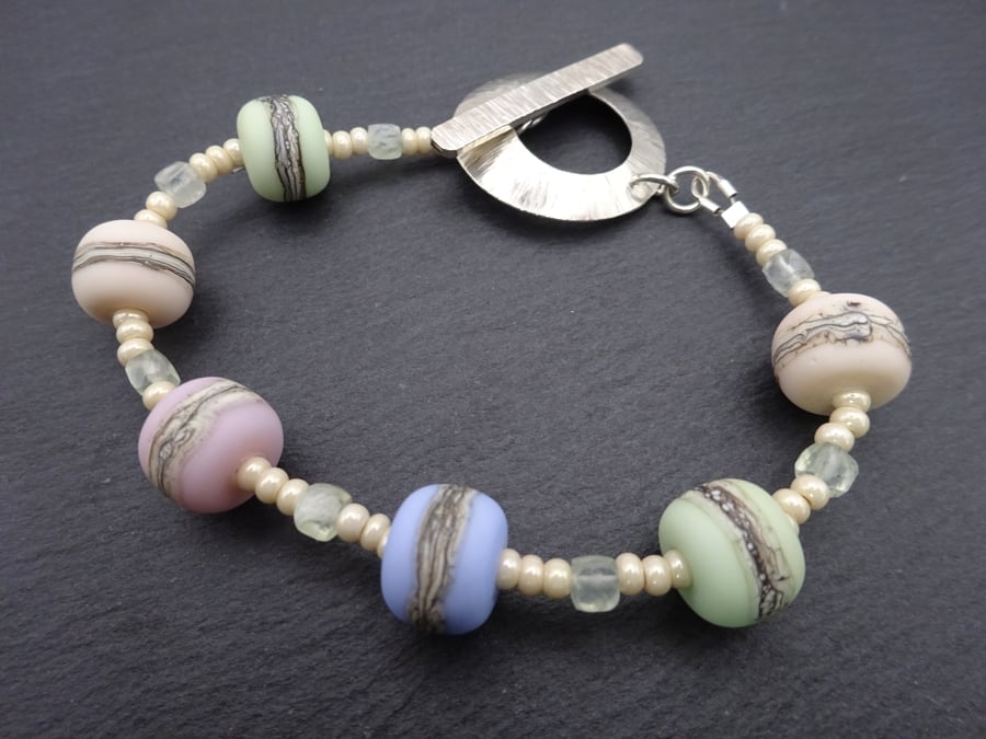 pastel beach lampwork glass beaded bracelet, sterling silver