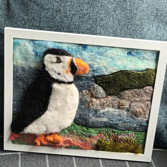  Summer Seconds. Puffin on the cliffs - Needle felt picture, textile art