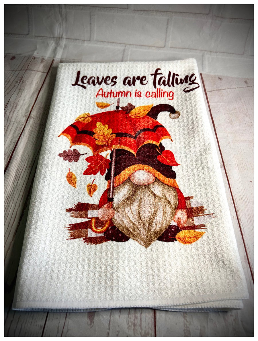 Handmade Leaves are Falling Waffle Weave Gonk Tea Towel, Nordic, Gnome, Swedish 