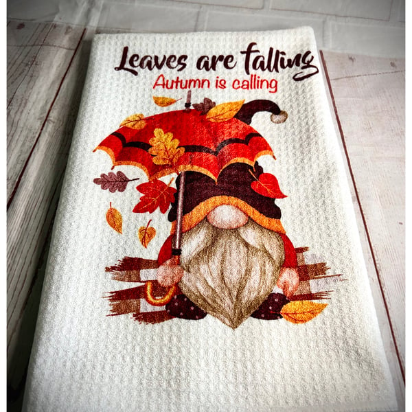 Handmade Leaves are Falling Waffle Weave Gonk Tea Towel, Nordic, Gnome, Swedish 