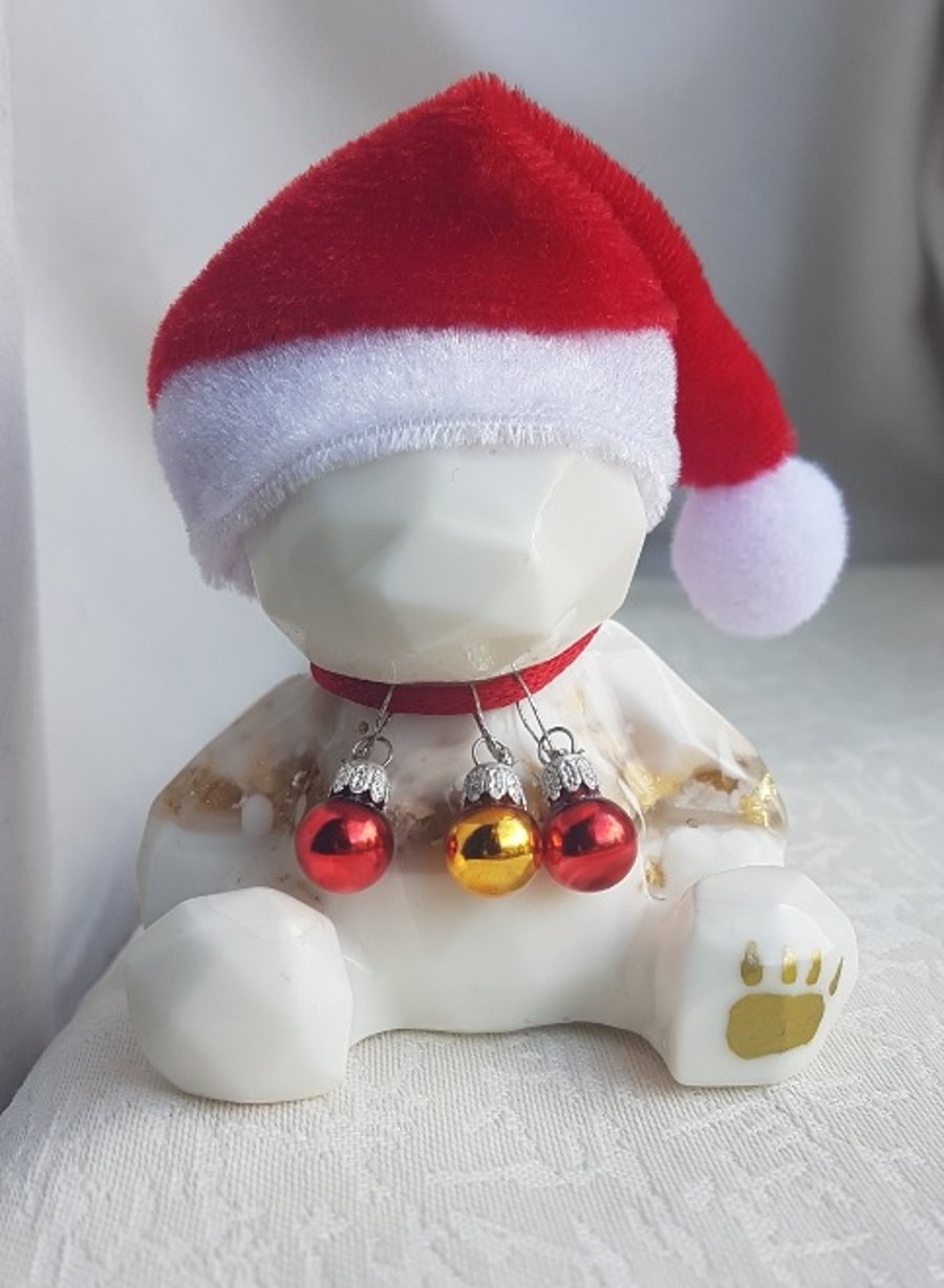 Merry Christmas Festive Bauble Bear - White Resin and Gold Flakes
