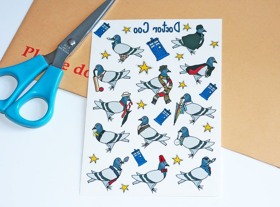 Dr Coo sci-fi parody Illustration A6 Sheet of Temporary Tattoos