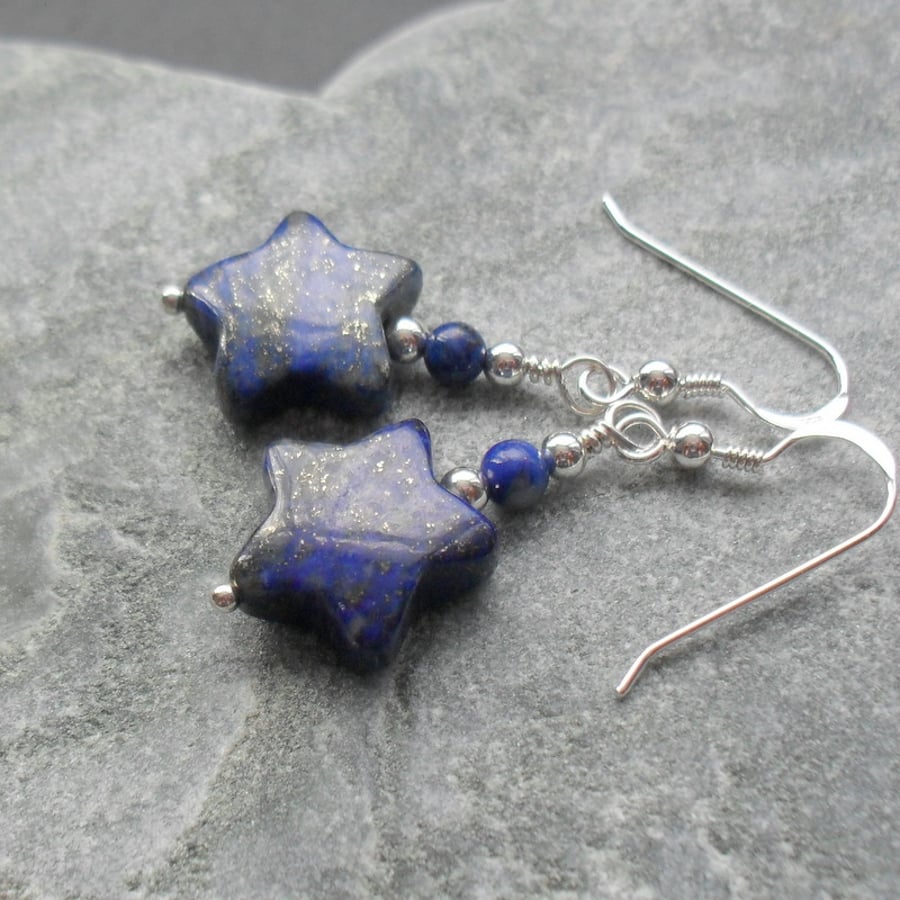 Natural Lapis Lazuli Stars Sterling Silver Drop Earrings
