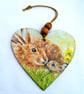 Mum and young rabbit decoupaged wooden heart wall decoration. - Image 4