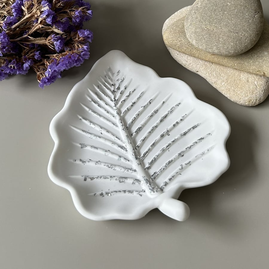White Leaf Shaped Tray with Silver Leaf