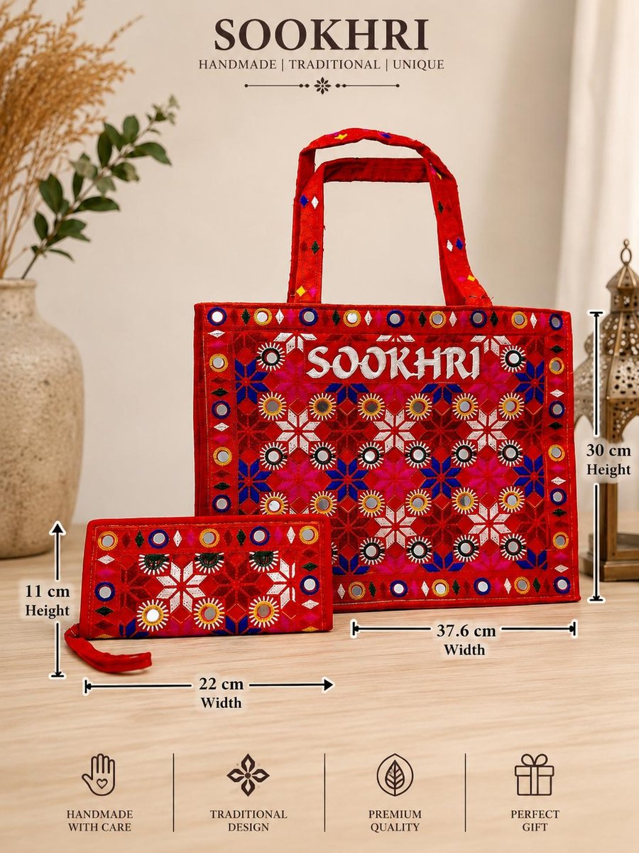 Handcrafted Sindhi Cotton Tote Bag with Matching Wallet - SOOKHRI Gift Bag - 