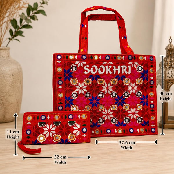 Handcrafted Sindhi Cotton Tote Bag with Matching Wallet - SOOKHRI Gift Bag - 
