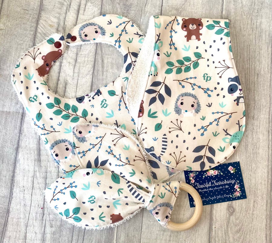 Three piece baby set - bib, shaped burp cloth & bunny ear teether
