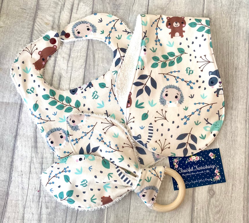 Three piece baby set - bib, shaped burp cloth & bunny ear teether