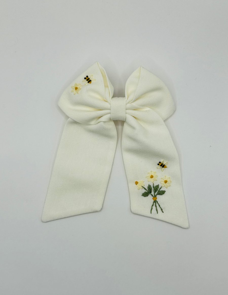 Bee Flower large white bow hair clip for teen girls and women