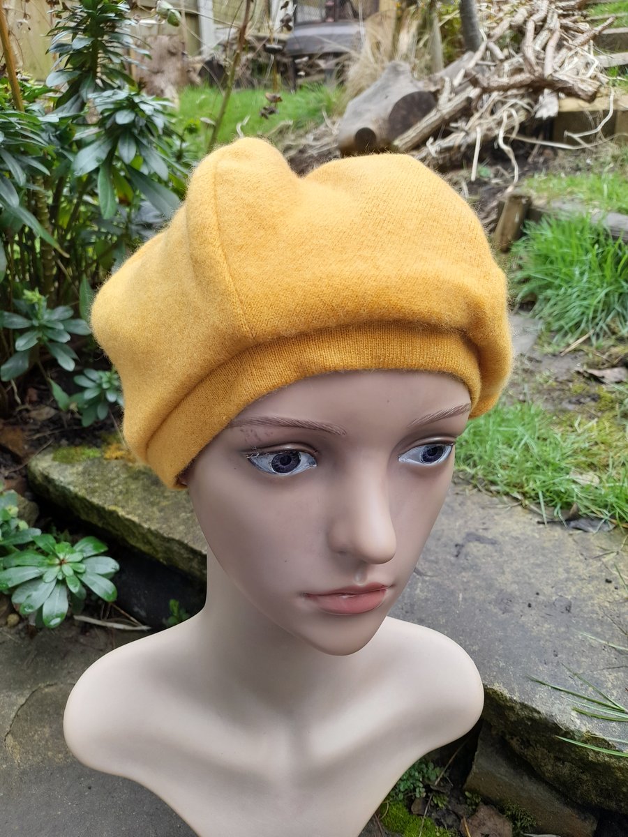 Mustard Cashmere Upcycled Urban Slouch Beanie Beret Hat One of a Kind Ethical