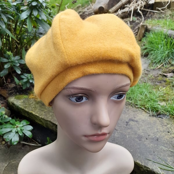 Mustard Cashmere Upcycled Urban Slouch Beanie Beret Hat One of a Kind Ethical