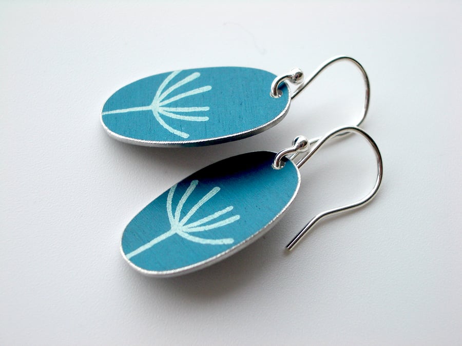 Dandelion seed oval earrings in teal blue and silver