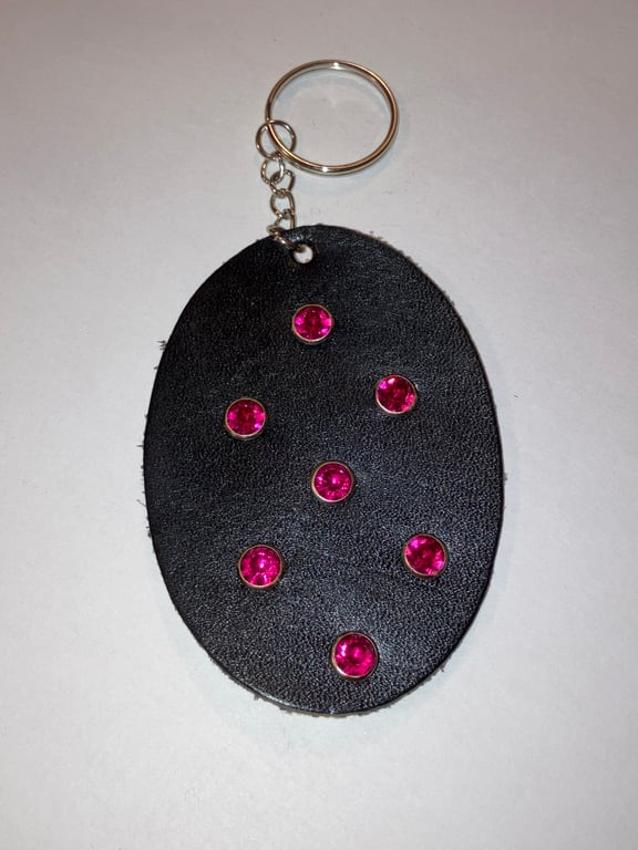 Black Leather Keyring with 7 Red Gemstones - FREE SHIPPING