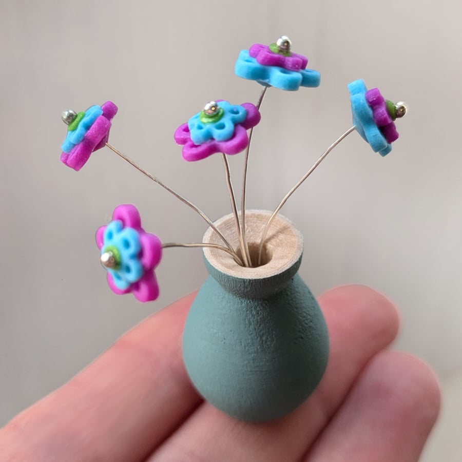 Teeny tiny woodturned vase with polymer clay flowers