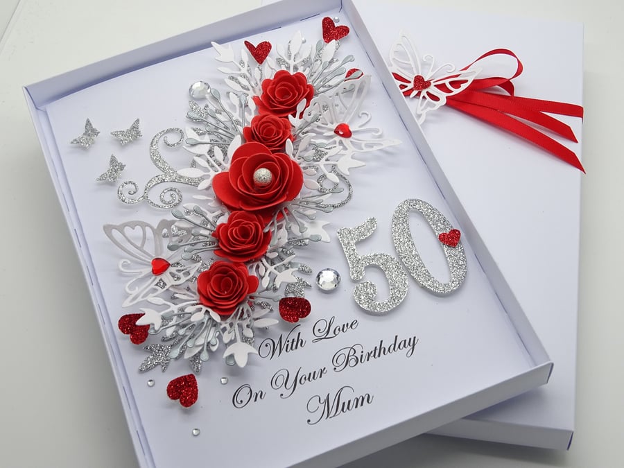 HANDMADE Personalised Mothers Day Mum Birthday Card 40th 50th 60th 3D RED T515
