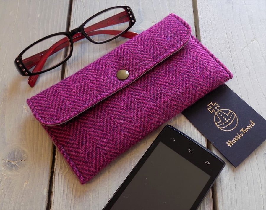 Harris Tweed phone case or glasses case in purple and pink herringbone