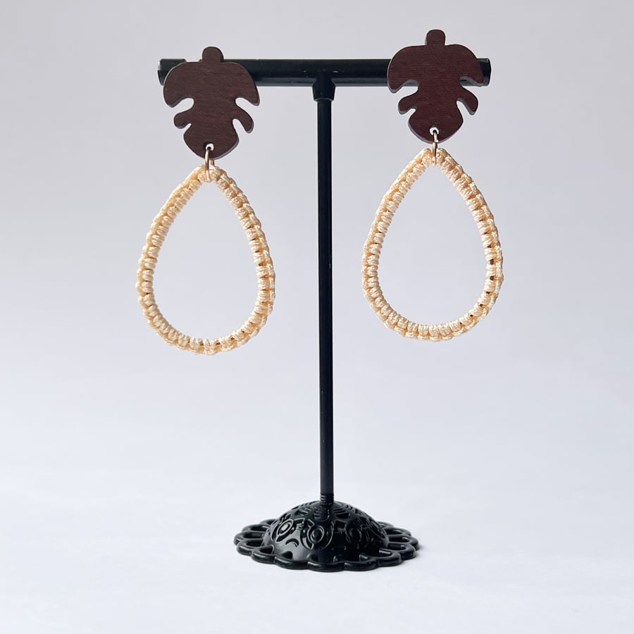 Earrings - Macrame Studs Champagne Monstera FREE UK P&P