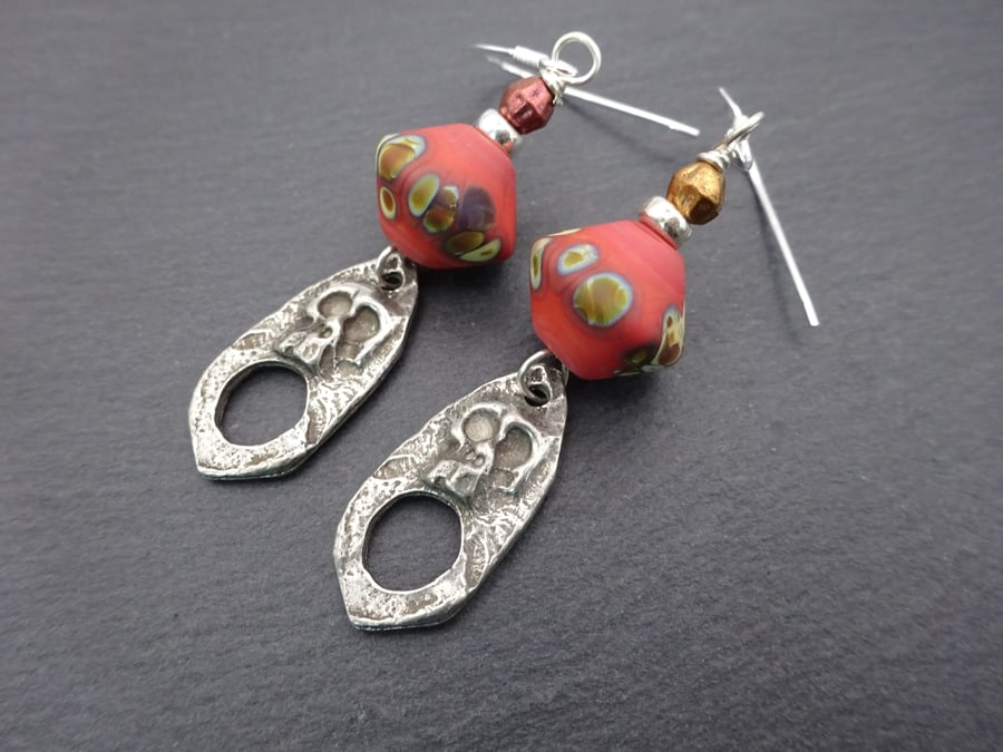 lampwork glass earrings, pewter skull jewellery