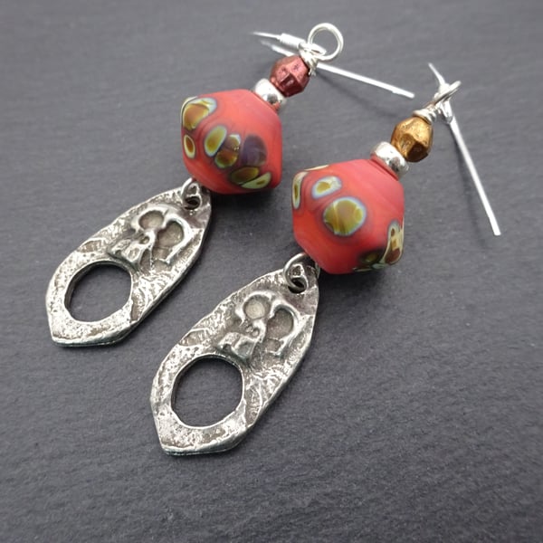 lampwork glass earrings, pewter skull jewellery