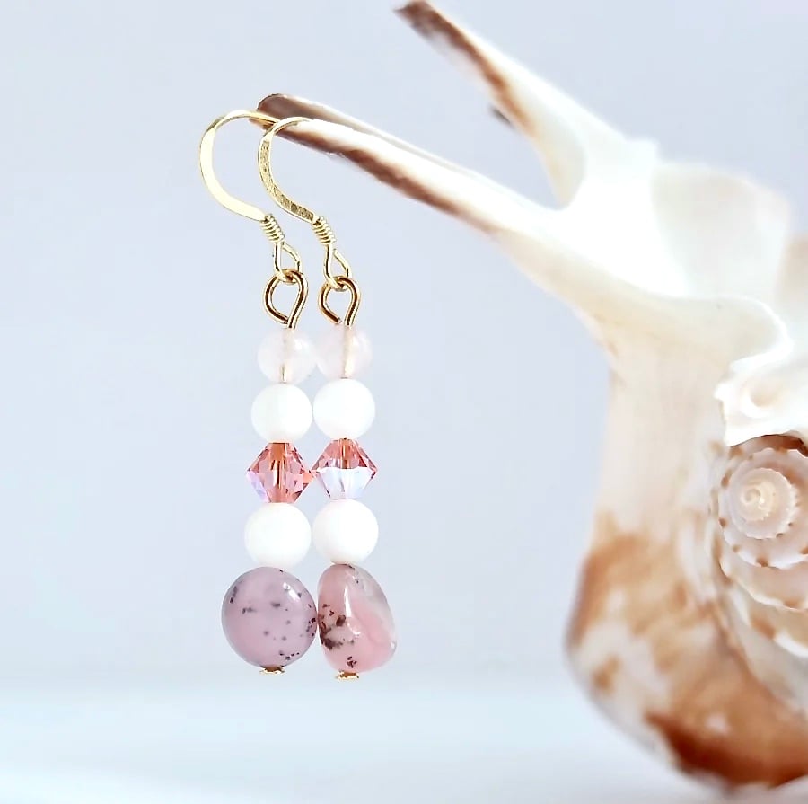 Pink Opal Earrings With  Rose Quartz, Swarovski Crystal and Shell - Free P&P UK.