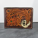 Handmade Leather Tooled Skull Bifold Wallet Brown