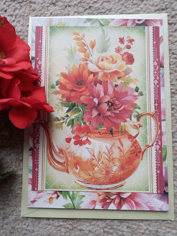 Vintage-style teapot card - Teapot and Flowers greeting card - Blank card