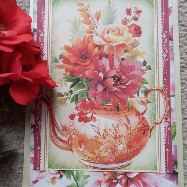 Vintage-style teapot card - Teapot and Flowers greeting card - Blank card