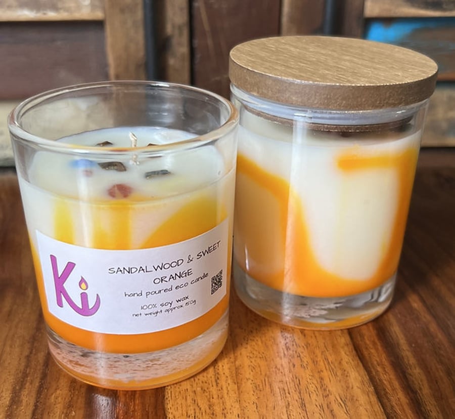 Sandalwood & Sweet Orange soy wax candle in a jar.