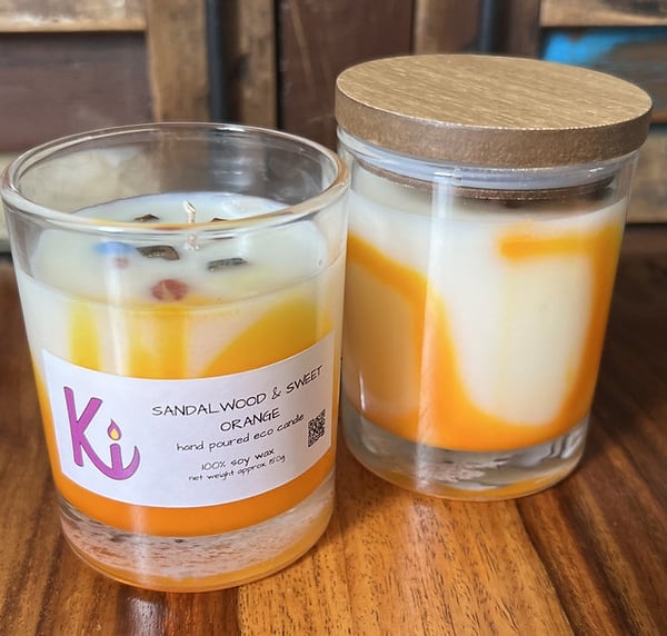 Sandalwood & Sweet Orange soy wax candle in a jar & a Love & Light box