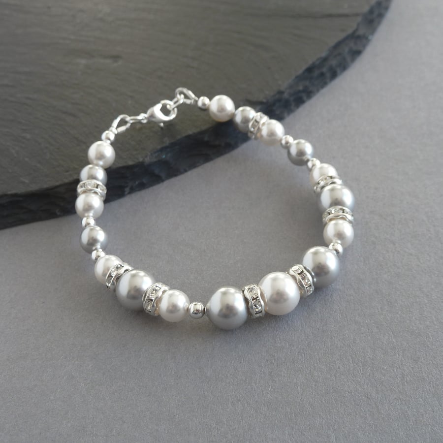 Silver Pearl and Crystal Bracelet - Light Grey, Single Strand, Wedding Bracelets