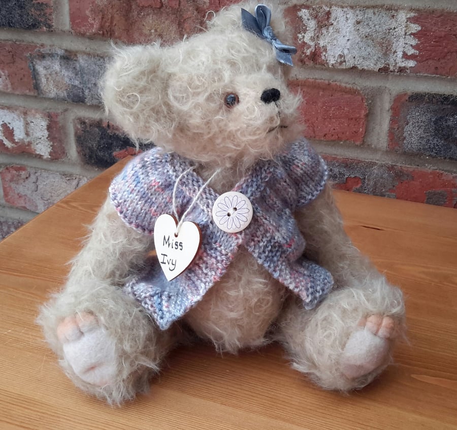 Dressed Artist Bear, Miss Ivy, One of a kind collectable, 11" mohair teddy bear