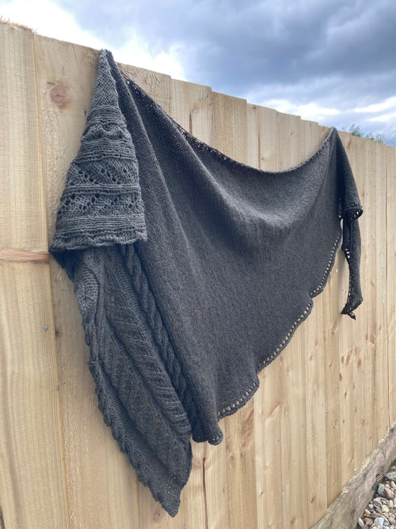 Khaki Green Organic Merino Wool Handknitted Cables Shawl Wrap Scarf