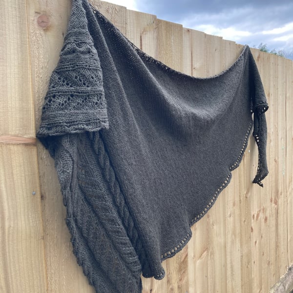 Khaki Green Organic Merino Wool Handknitted Cables Shawl Wrap Scarf