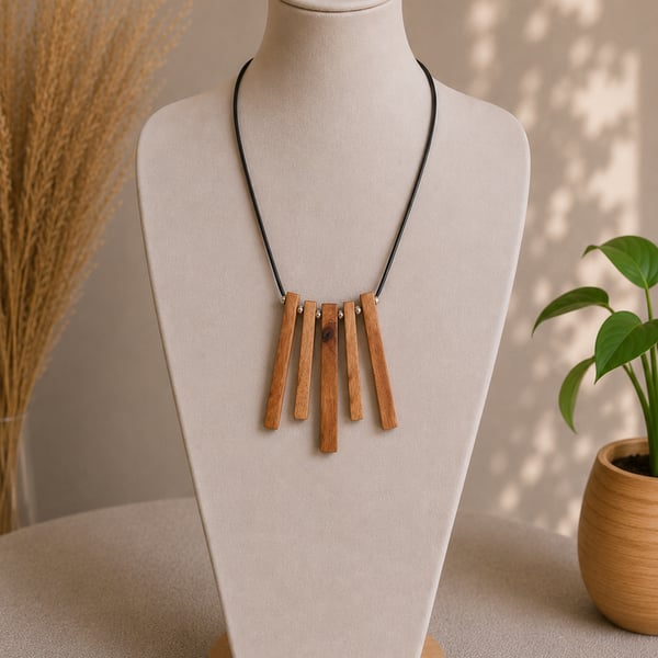 Sleek Upcycled Pallet Wood Bar Necklace Eco-Friendly Statement Jewellery
