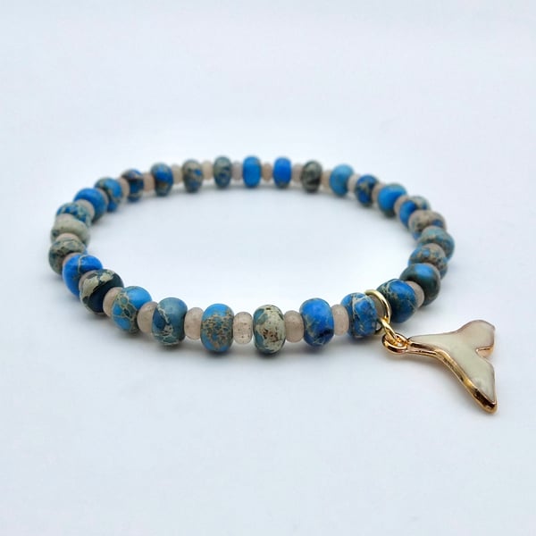 Sea Sediment Jasper & Sunstone Bracelet With Whale Tail Charm,  Gifts For Her.