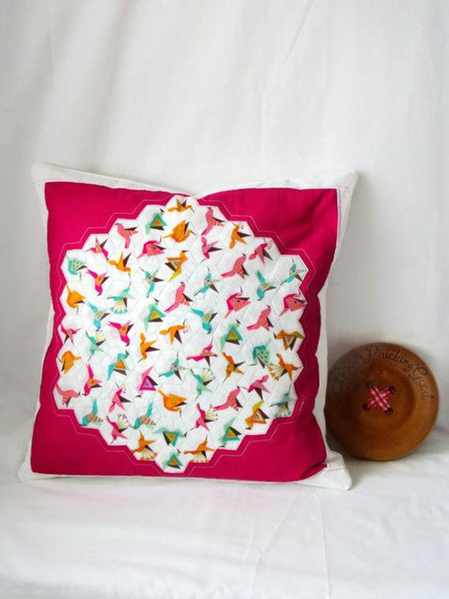 pink bird hexagon patchwork scatter cushion cover for bird lovers, pillow slip