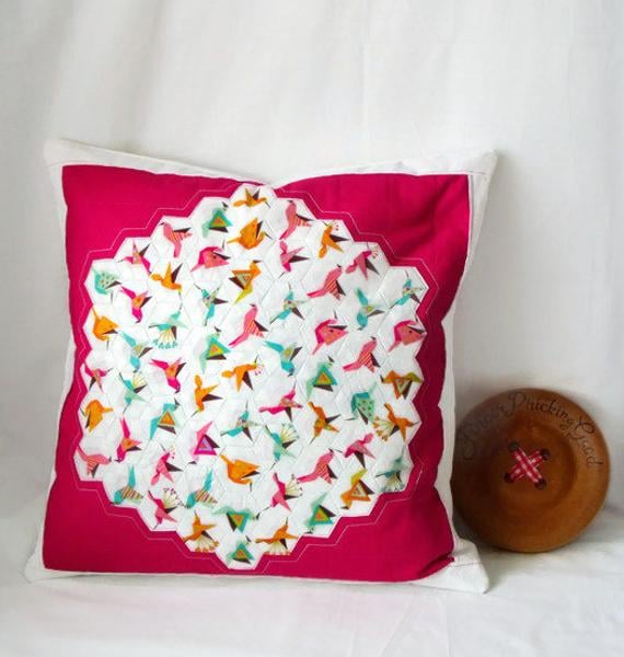 pink bird hexagon patchwork scatter cushion cover for bird lovers, pillow slip