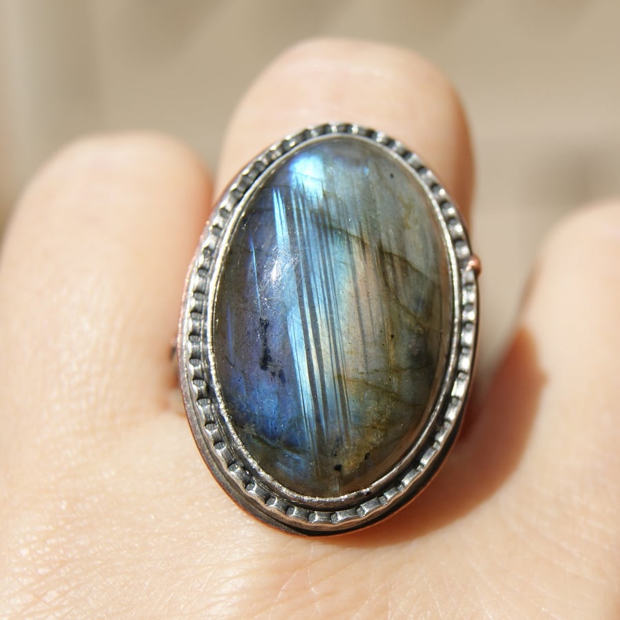 Large Labradorite Ring in Sterling Silver and Copper, Ring Size Q or 8