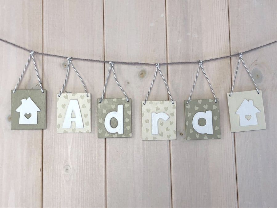 Adra square wooden bunting hanging sign in olive green