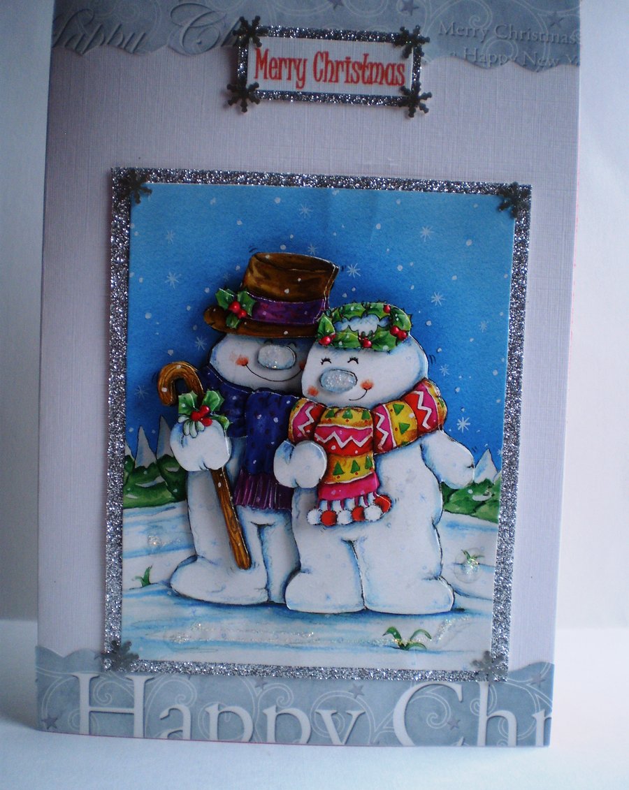 Christmas  Decoupage Mr and Mrs Snowmen Card,Personalise, Handmade