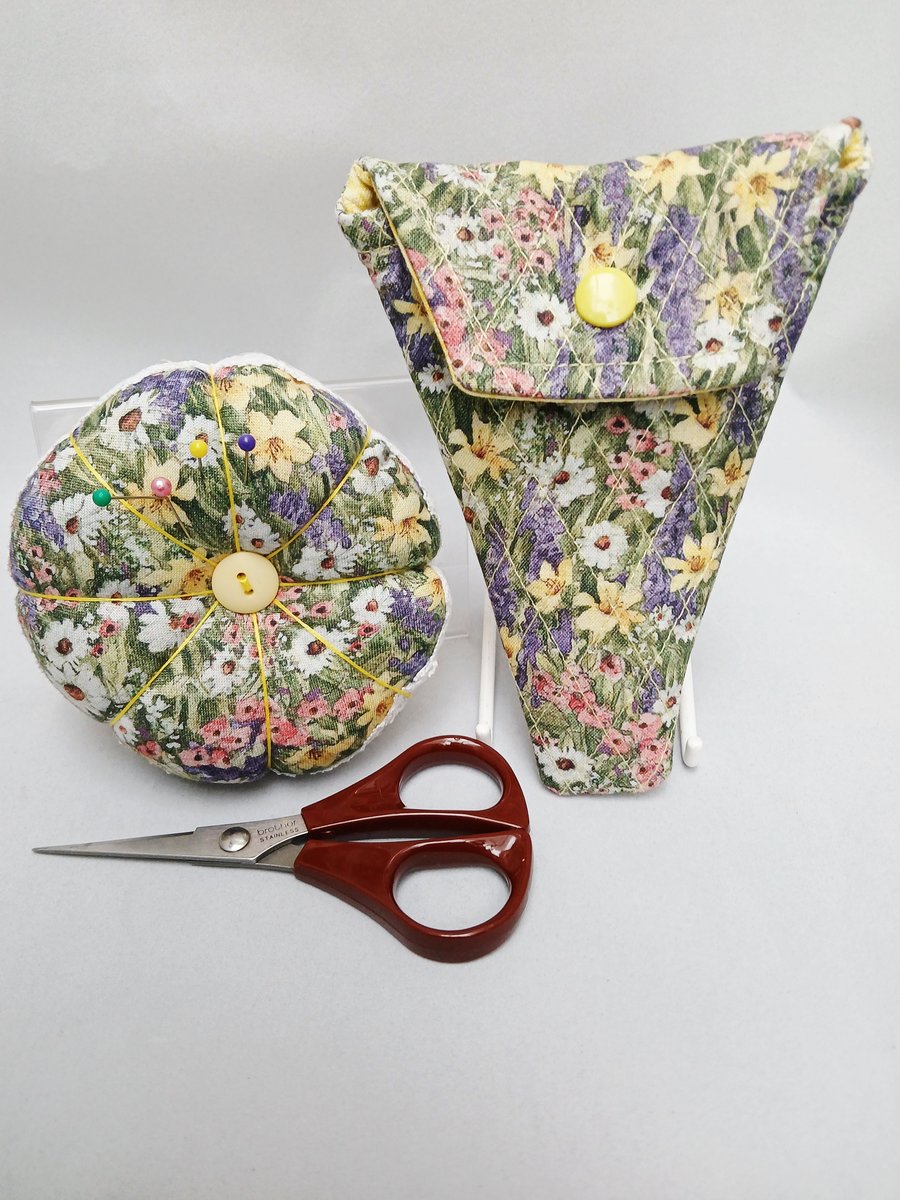 Pin Cushion (reversible) and  Quilted Scissor Case Set 