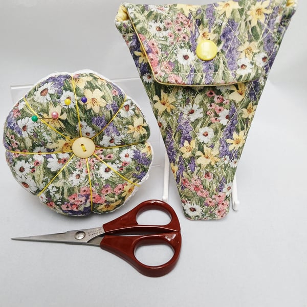 Pin Cushion (reversible) and  Quilted Scissor Case Set 